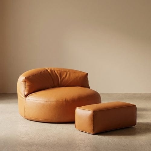 Orange / Fauteuil + repose pied Fauteuil Pouf demi-lune en Cuir véritable - Pouf design scandinave Maison Lysea