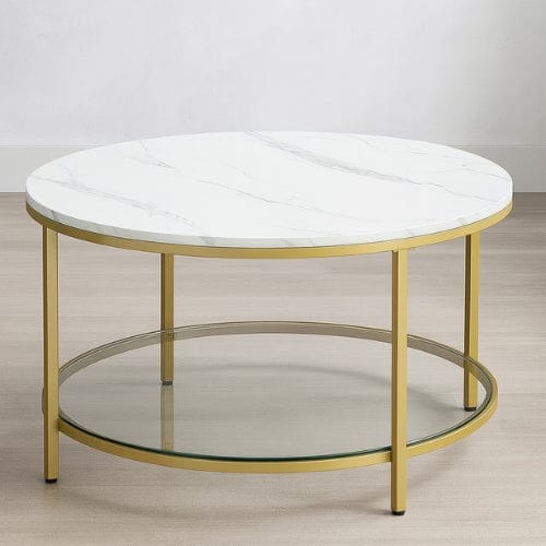 Blanc Marbré et Doré Métallique Table basse de salon Moderne - Table basse ronde style marbre blanc Maison Lysea