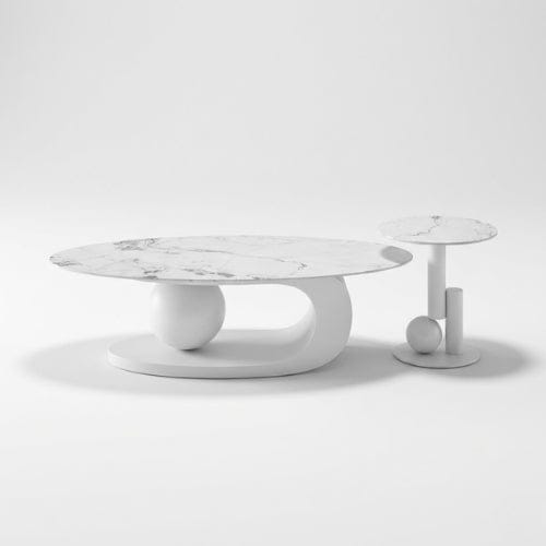 Marbre blanc et Blanc cassé / Ensemble 100 cm Table basse Ovale design - Table basse salon Moderne Maison Lysea