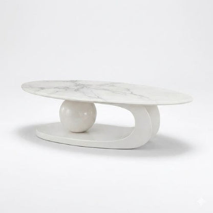 Marbre blanc et Blanc cassé / Table basse 100 × 50 × 40 cm Table basse Ovale design - Table basse salon Moderne Maison Lysea