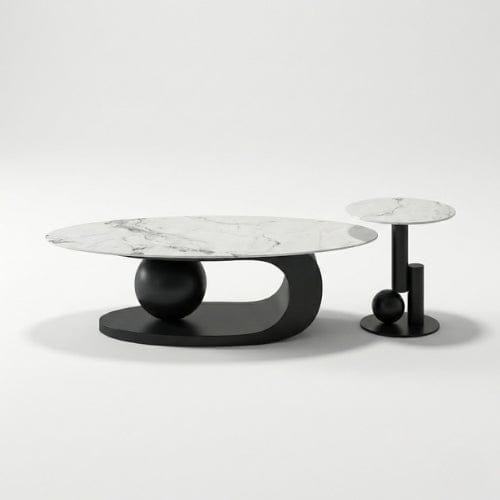 Marbre blanc et Noir / Ensemble 100 cm Table basse Ovale design - Table basse salon Moderne Maison Lysea