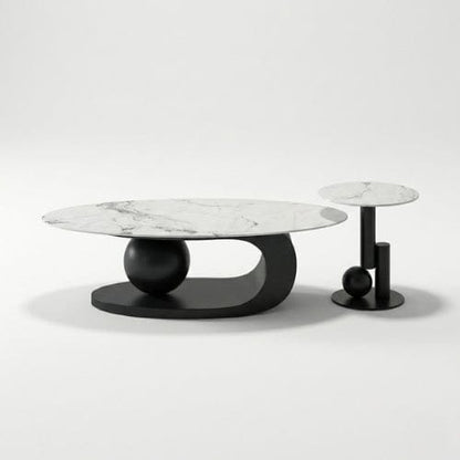Marbre blanc et Noir / Ensemble 100 cm Table basse Ovale design - Table basse salon Moderne Maison Lysea
