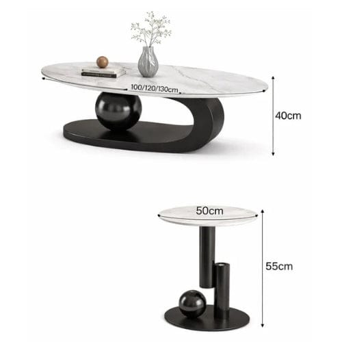 Marbre blanc et Noir / Ensemble 120 cm Table basse Ovale design - Table basse salon Moderne Maison Lysea
