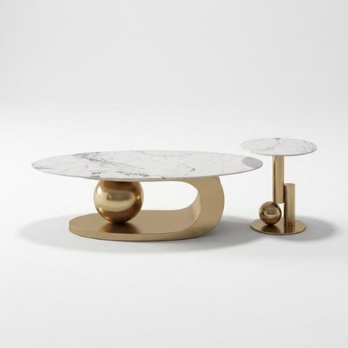 Marbre blanc et Or / Ensemble 100 cm Table basse Ovale design - Table basse salon Moderne Maison Lysea
